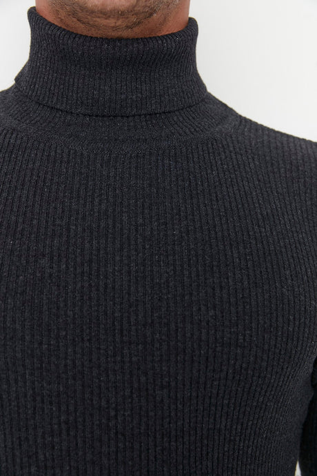 Grey Men's Slim Fit Turtleneck Ribbed Knit Basic Sweater Tmnaw20mg0031