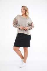 Women's Beige Sleeve Tulle Embroidered Sweat Sea-sw2006