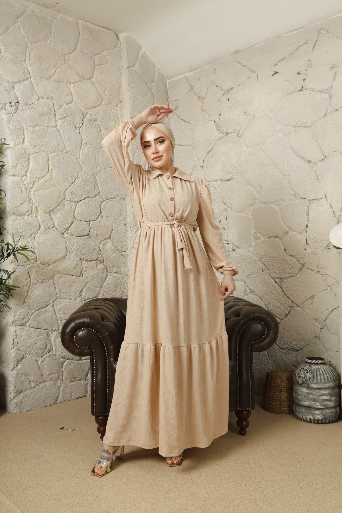 Cotton Shirt Collar Loose Hijab Dress Rge100