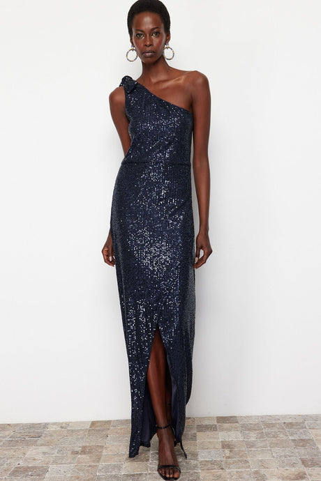 Navy Blue Single Sleeve Sequin Long Night Evening Dress Tprss24ae00028