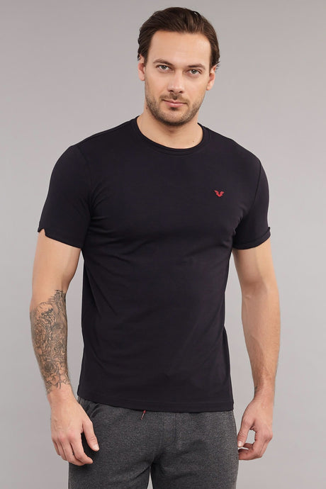 Men's Black Knitted Cotton Crew Neck Basic Solid Color Short Sleeve Sport&casual T-shirt 2374 Tb18ma