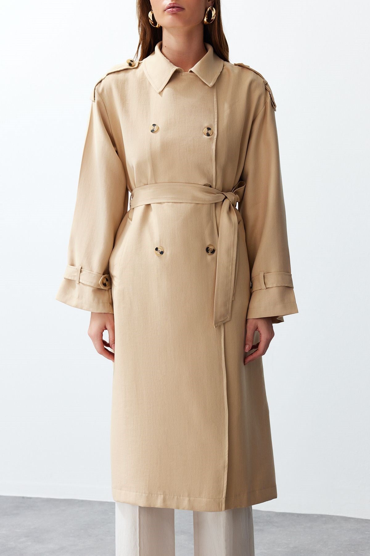 Beige Oversize Wide Cut Soft Textured Belted Long Trench Coat Twoss24tr00026