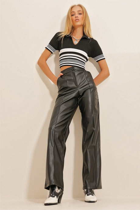 Women's Black Front Grass Double Pockets Faux Leather Palazzo Pants Alc-x10787