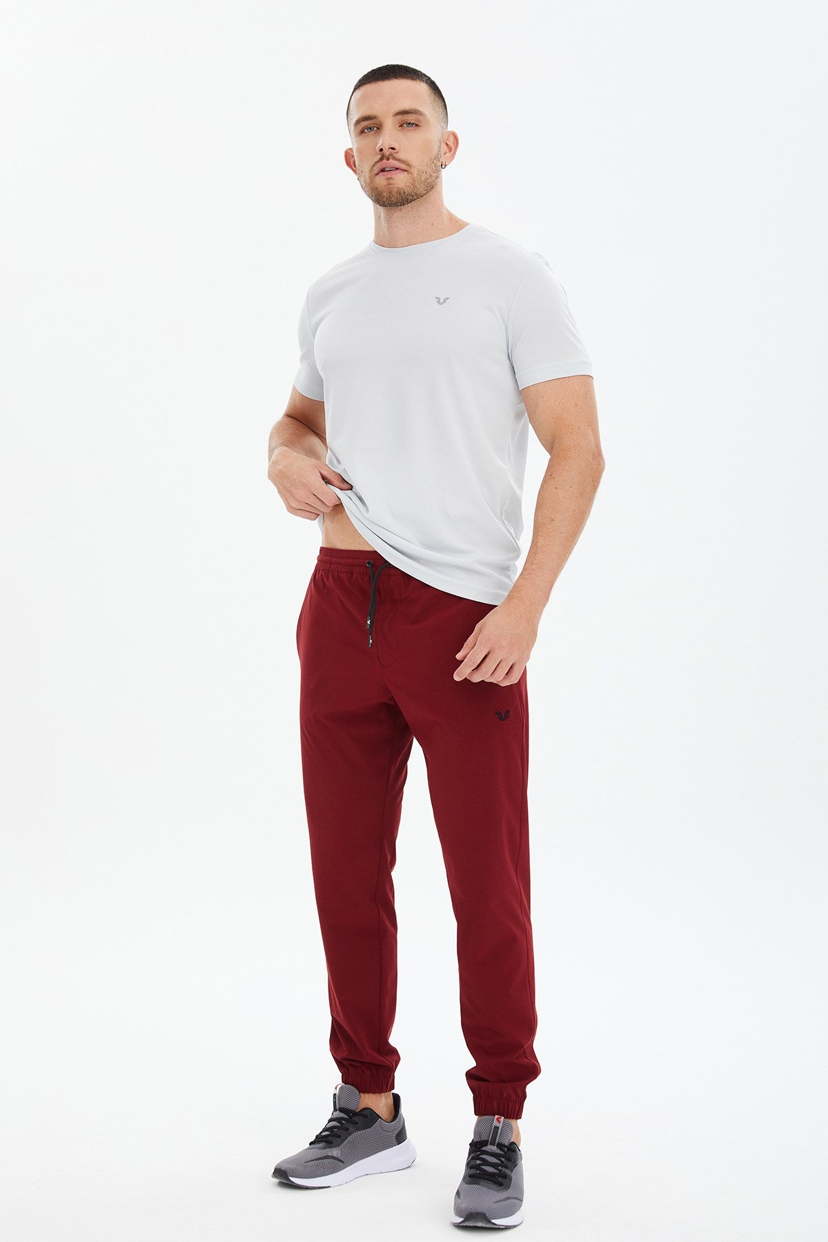 Men's Burgundy Solid Color Slim Quick Drying Rubber Leg Woven Casual And Sports Tracksuit Pants 0809