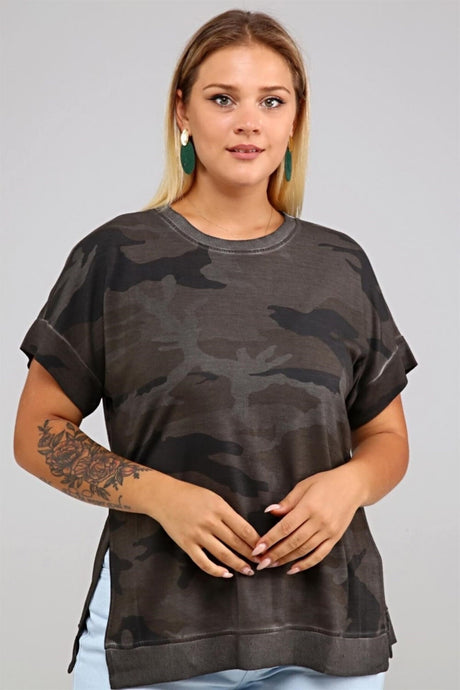 Camouflage Printed Sides Slit Oil Wash Tshirt-anthracite Sea-ts2151