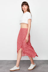 Red Slit Floral Print Midi Woven Skirt Twoss24et00160