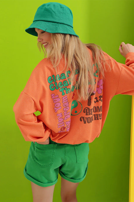 Women's Orange Cycling Collar Back Printed Sweatshirt Alc-x8963