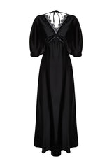 Black Lace Detailed Satin Long Night Evening Dress Tprss24ae00037