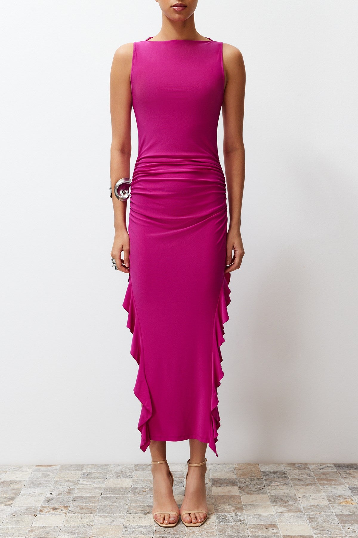 Fuchsia Bodycone Zero Sleeve Slit Ruffle Detailed Flexible Thick Sandy Maxi Pencil Dress Twoss24el00