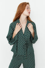 Powder Heart Pattern Drawstring Detailed Shirt-pants Woven Sleepwear Set Thmaw22pt0300