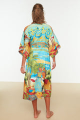 Tropical Pattern Belted Maxi Woven 100% Cotton Kimono&kaftan Tbess22km0042