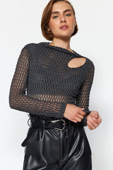 Anthracite Transparent Textured Cut Out/window Detailed Fitted/body Fit Knitted Blouse Twoaw24bz0029