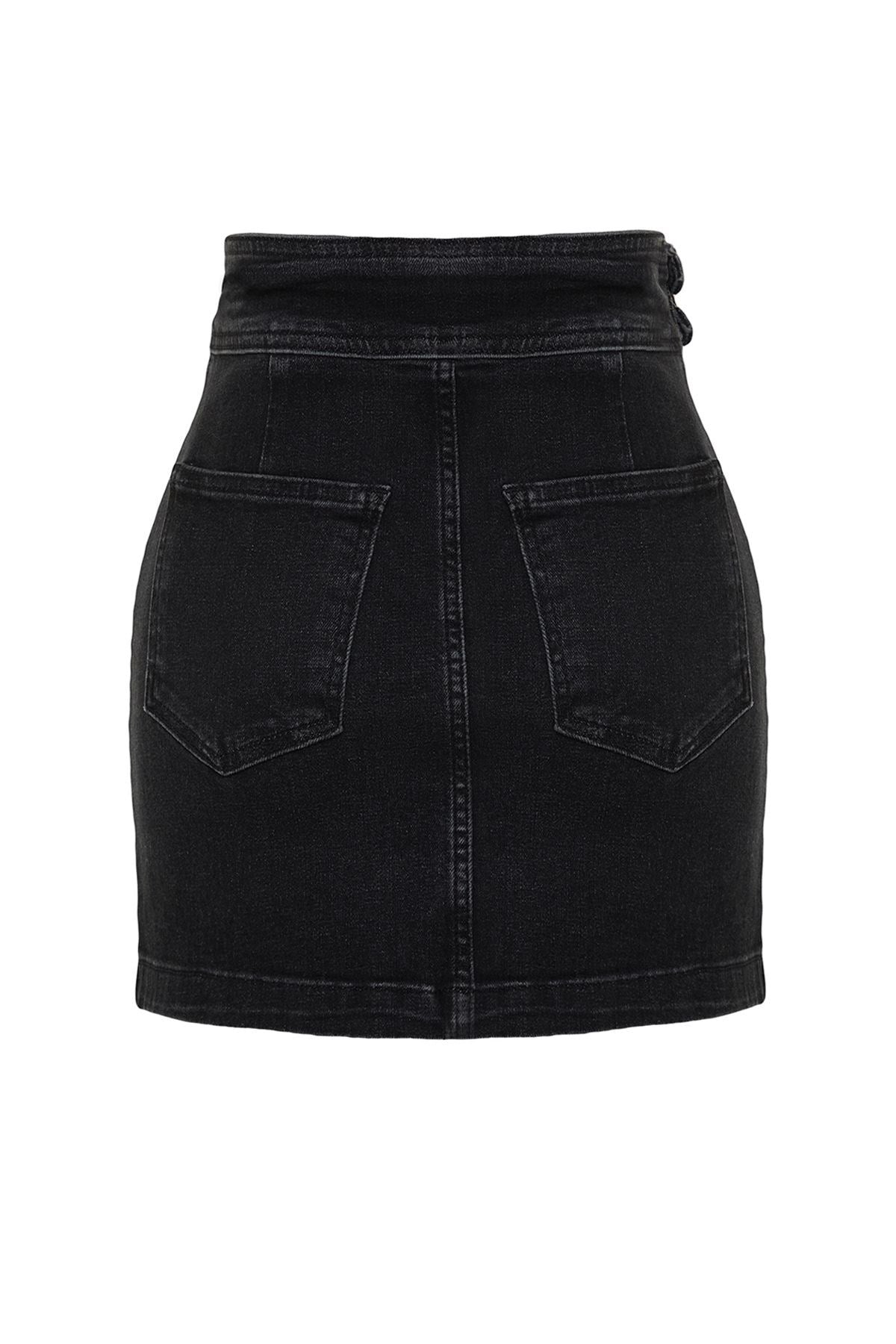 Black Accessory Detailed Mini Regular Waist Denim Skirt Twoss24et00013