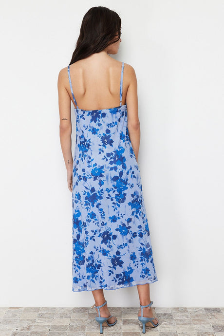 Blue Floral Printed Maxi Size Heart Neckline Twoss24el00272