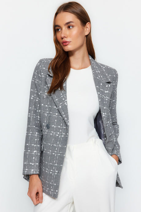 Black Tweed Regular Woven Plaid Blazer Jacket Twoaw21ce0105