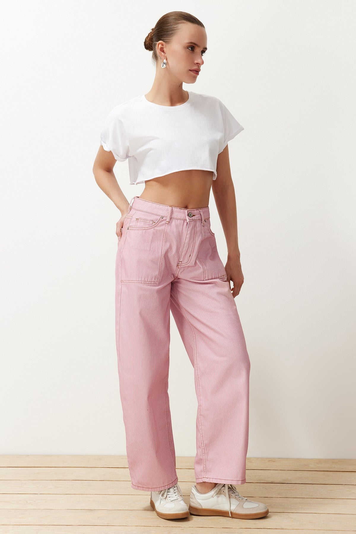 Pink Striped High Waist Barrel Jeans Twoss24je00287