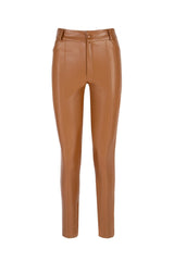 Women's Khaki Front Stitch Detailed, Leg Part Zipper Pocketless Women's Leather Pants Lg-oz150dr