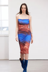 Limited Edition Brown Printed Midi Strappy Flexible Knit Pencil Dress Twoss24el00566