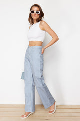 Blue Striped High Waist Extra Wide Leg Jeans Twoss24je00256