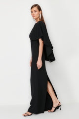 Black Sleeve Detailed Woven Evening Dress Tprss24ae00032