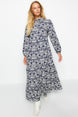 Navy Blue Patterned Half Pat Wide Pattern Cotton Woven Dress Tctss23eb00222