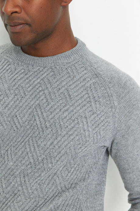 Grey Men's Slim Fit Crew Neck Raglan Sleeve Textured Wool Blended Knitwear Sweater Tmnaw22kz0290