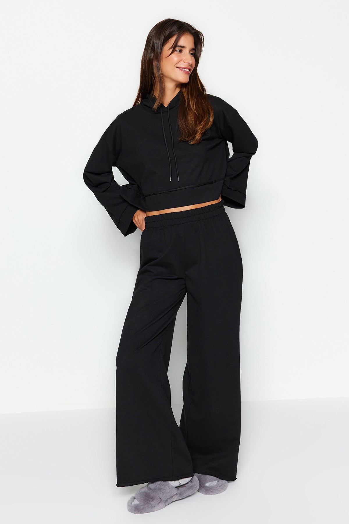 Navy Blue Wide Pattern Wide Leg Knitted Tracksuit Twoss21em0026