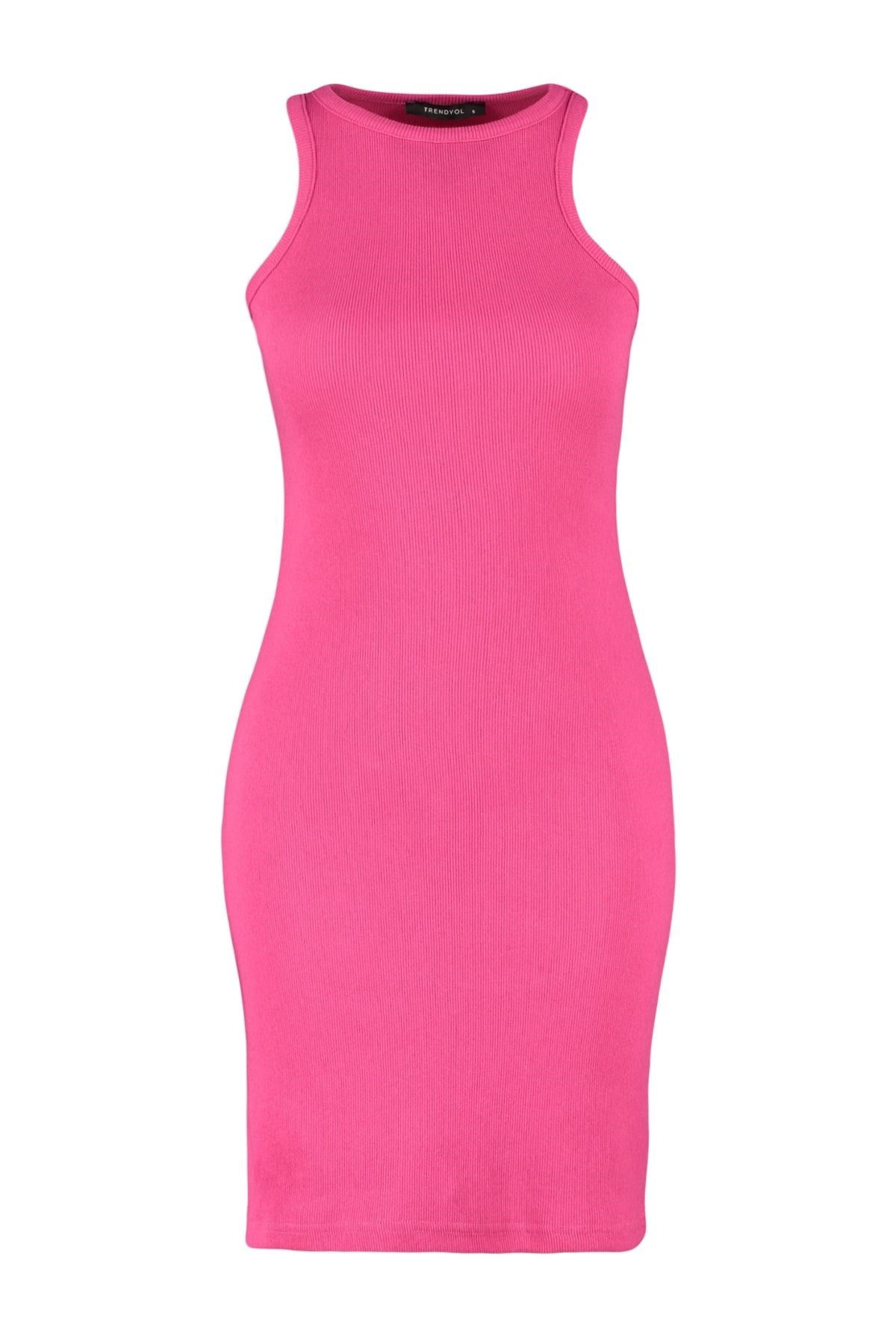 Orange Ribbed Bodycone/body Fit Halter Collar Flexible Mini Knitted Pencil Dress Twoss23el00303