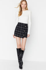 Black Buttoned Tweed Fabric Mini Woven Skirt Twoaw23et00371