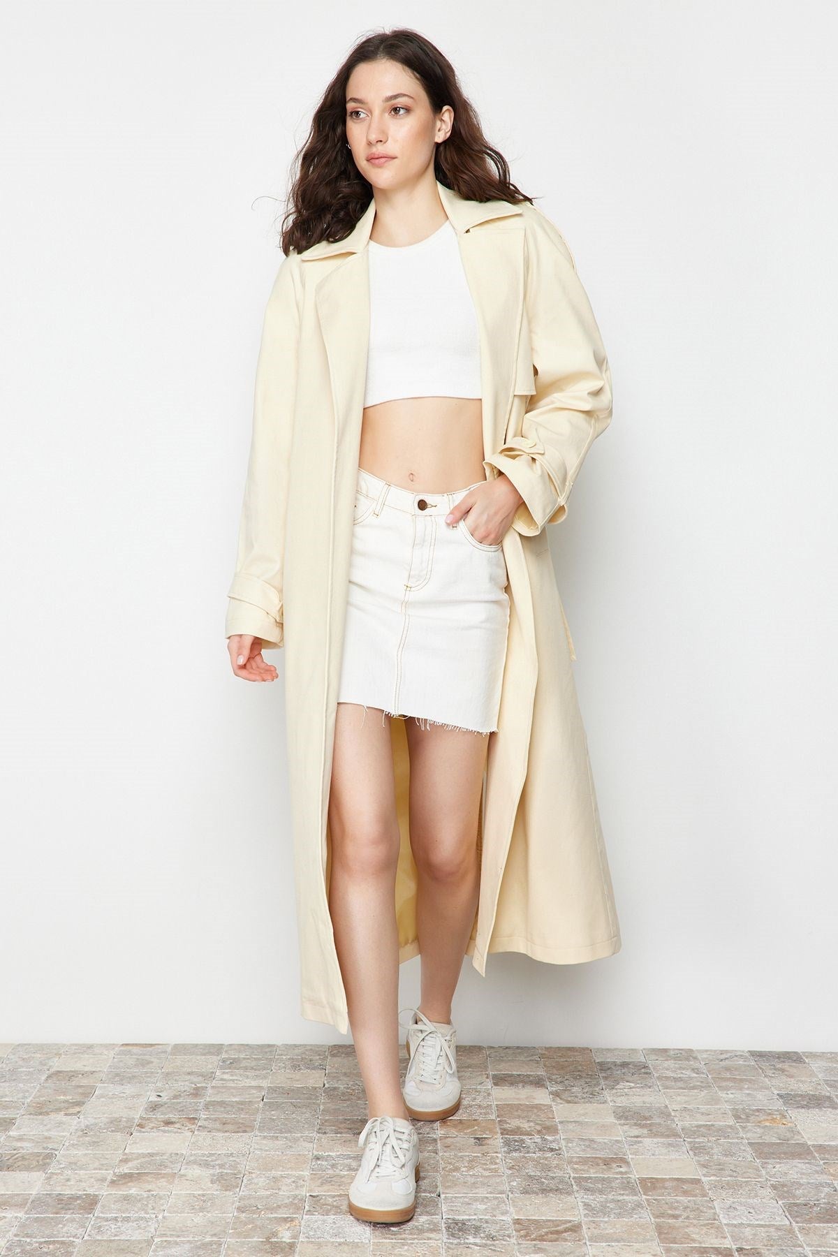 Beige Oversize Wide Cut Belted Cotton Trench Coat Twoss24tr00021