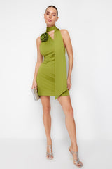 Oil Green Body Sitting Knitted Rose Detailed Elegant Evening Dress Tprss24el00095