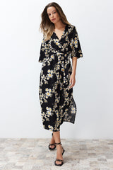 Black Belted Floral Print A Cut Double Neck Midi Woven Dress Twoss24el00915