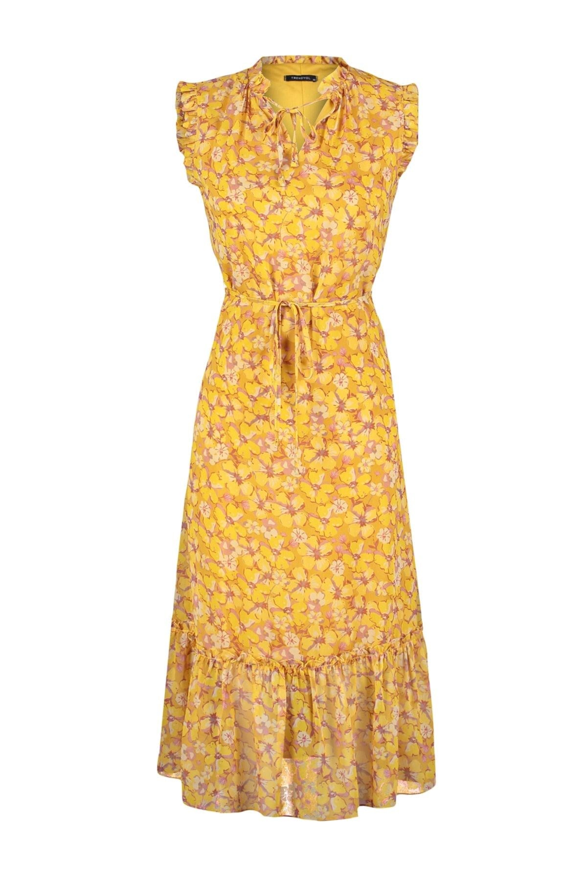 Yellow Floral Print A Cut Midi Lined Chiffon Woven Dress Twoss23el01840