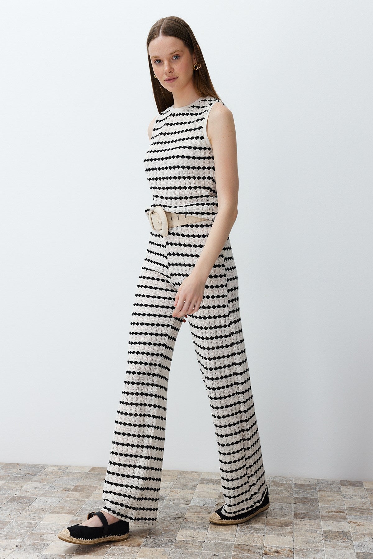 Ecru Knitwear Look Striped Straigth/straight Cut Pants Twoss24pl00101