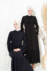 Black Abaya 3457 T22fr3m3457 With Lace-up Stone Embroidered Collar