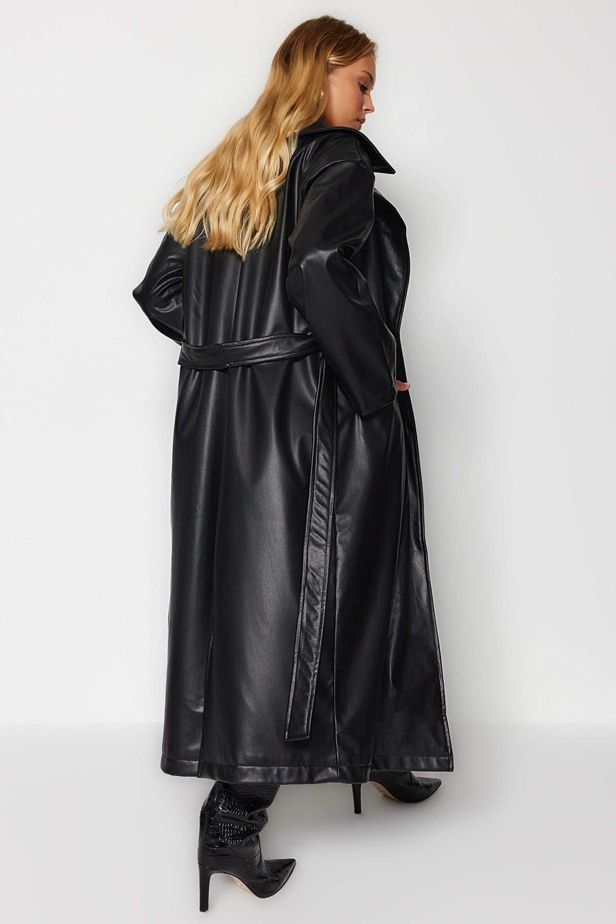 Black Oversize Wide Cut Belted Faux Leather Trench Coat Twoaw23tr00016