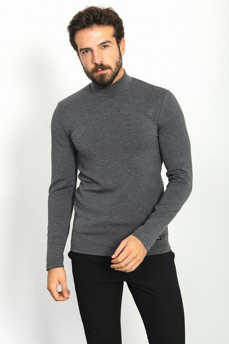 Plain Anthracite Color Slim Fit Half Turtleneck Long Sleeve Men's T-shirt 36761.22k