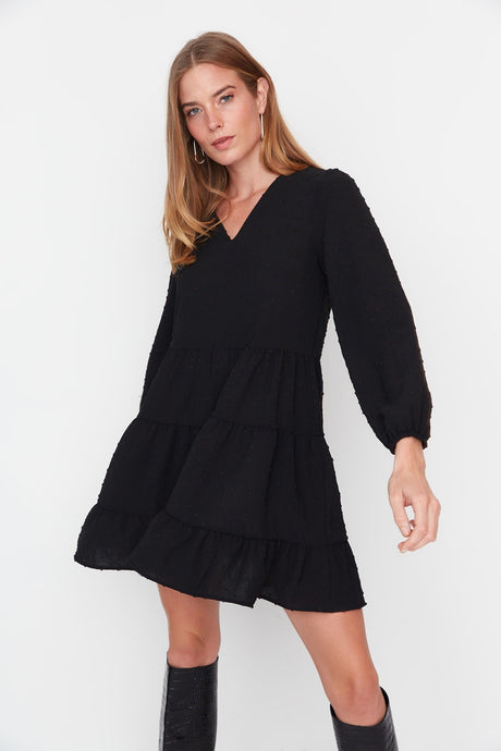 Black Mini Woven Wide Cut Textured Ruffle Dress Twoaw23el01479