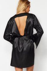 Black Satin Back Cut-out/window Detailed Woven Dressing Gown Thmaw24sb00006