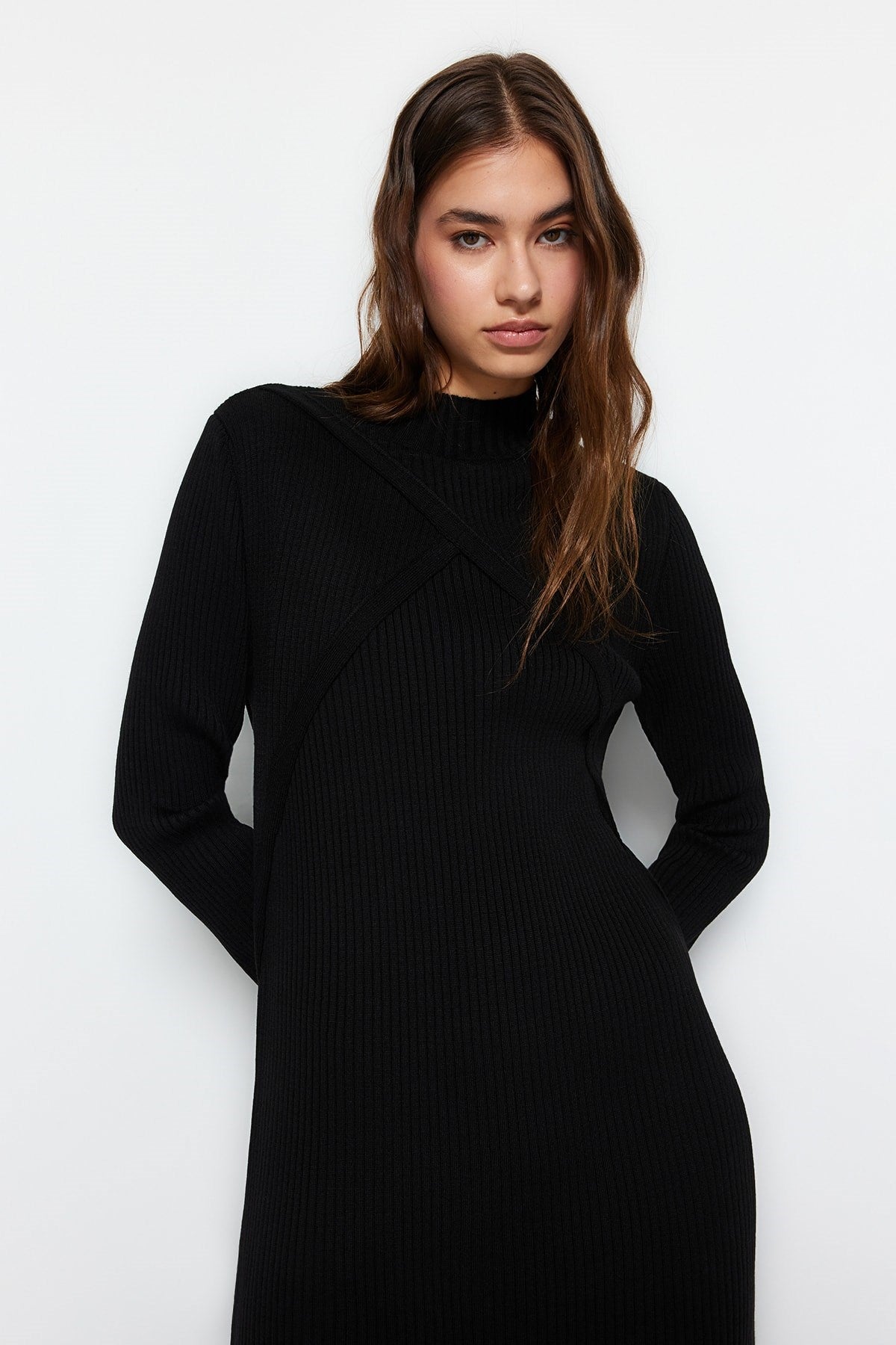 Black Double Neck Stitching Detailed Knitwear Dress Tctaw24eb00011