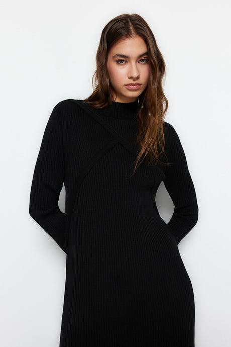 Black Double Neck Stitching Detailed Knitwear Dress Tctaw24eb00011