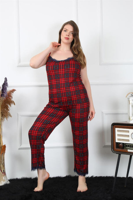 Women's Plus Size Red Plaid Rope Strap Sleepwear Set 202197