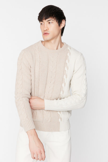 Beige Men's Slim Fit Crew Neck Hair Weave Knitwear Sweater Tmnaw22kz2079