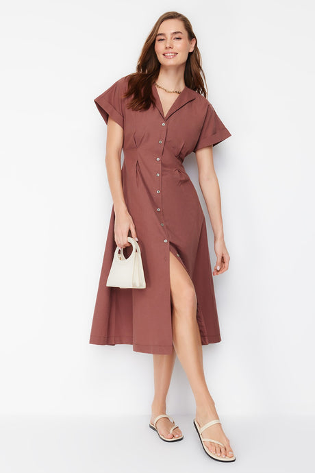 Brown Slit Midi Woven Shirt Dress Twoss24el00052