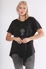 Black V Neck Short Sleeve Asymmetric Knitted Blouse M10010200bl93392