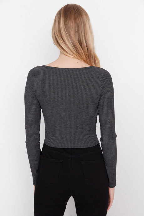 Anthracite Button Detailed Square Neckline Fitted/body-fitting Ribbed Flexible Crop Knit Blouse Twoa