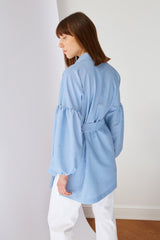 Blue Striped Belted Balloon Sleeve Back Long Woven Shirt Tctss22go0116