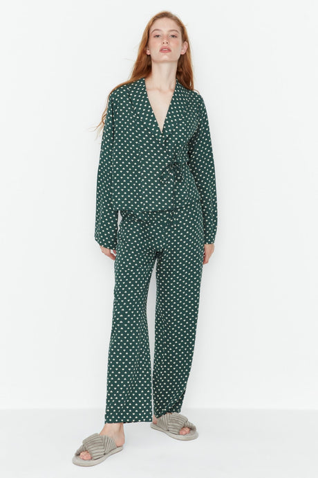 Powder Heart Pattern Drawstring Detailed Shirt-pants Woven Sleepwear Set Thmaw22pt0300