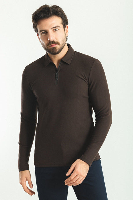 Grey Color Slim Fit Zipper Polo Collar Long Sleeve Men T-shirt 36770.22k