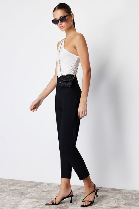 Black Cigarette Ribbed Waist Detailed Woven Pants Twoss24pl00116